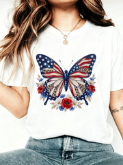 American Flag Butterfly Floral Print Casual Round Neck Short Sleeve T-Shirt