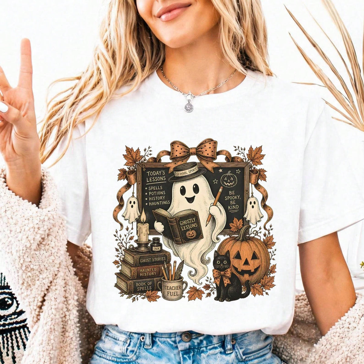 Halloween TShirt Ghost Bow Collage Tee Classroom TShirt Cute Fall Teacher TShirt