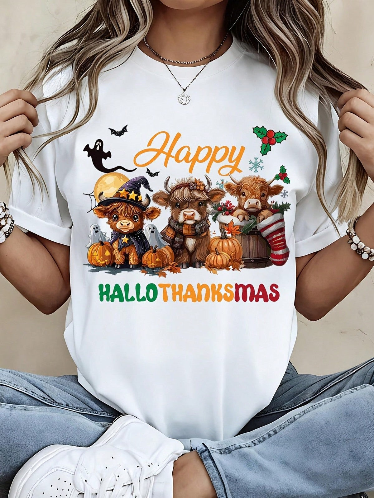Women Happy Hallothanksmas Highland Cow Halloween Thanksgiving Christmas Tee