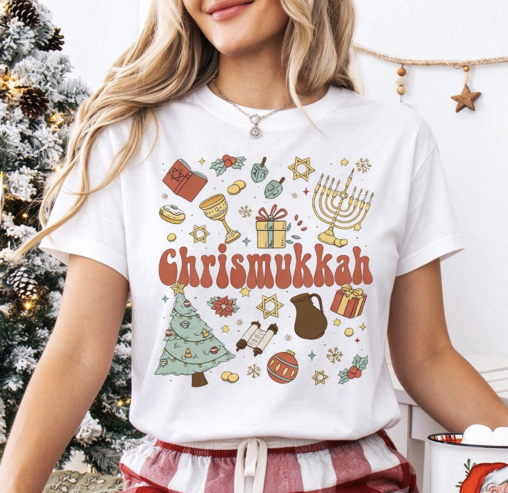 Happy Chrismukkah Graphic T-Shirt, Retro Hanukkah Christmas Mixed Holiday Tee, Menorah Christmas Tree Festive Top for Men & Women