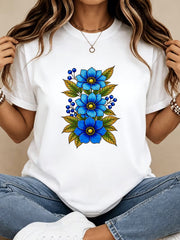 Women Blue Floral Berry Botanical Graphic T-Shirt, Wild Flower Print Crew Neck Short Sleeve Casual Tee Top