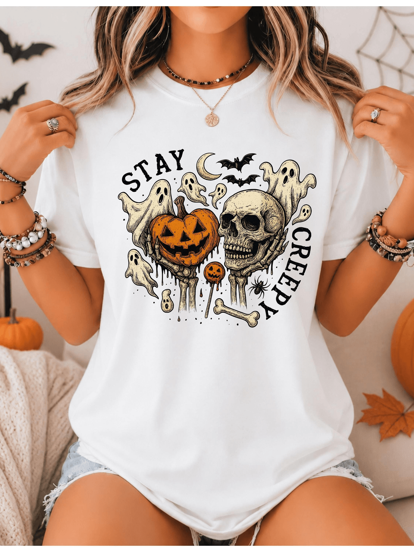 Stay Creepy Halloween Shirt, Vintage Skull Pumpkin Tee, Spooky Skeleton Graphic Shirt, Gothic Horror Halloween Fall Graphic Tee