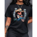 U-Shape Letter & Cowgirl Print Round Neck Short Sleeve T-Shirt For Graphic Tees Women Tops, For Summer