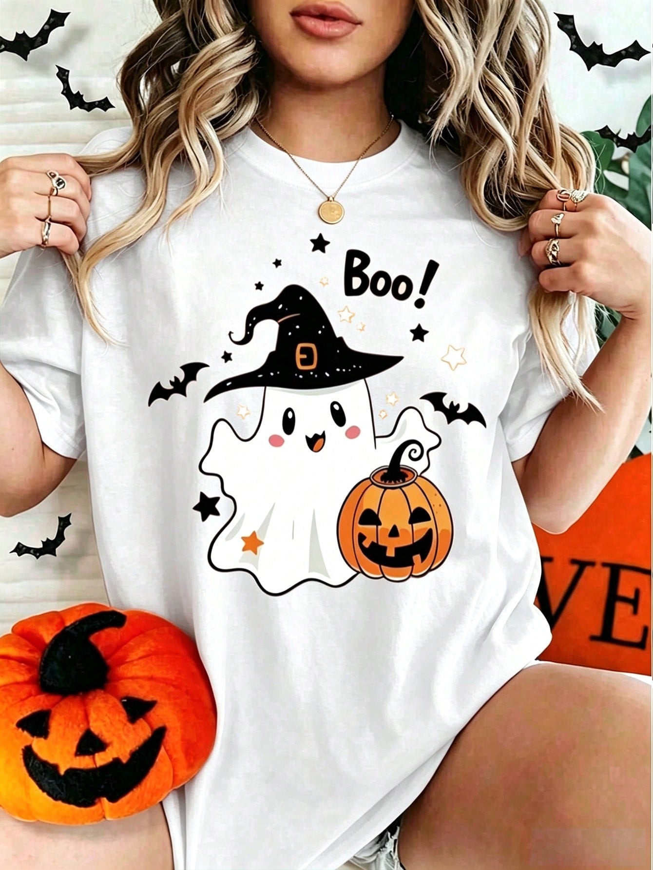 Women Cute Witch Ghost Pumpkin Boo Graphic T-Shirt, Halloween Fall Casual Short Sleeve Tee