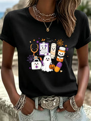 Halloween Nurse Graphic T-shirt, Short-sleeved Crew Neck Casual Top