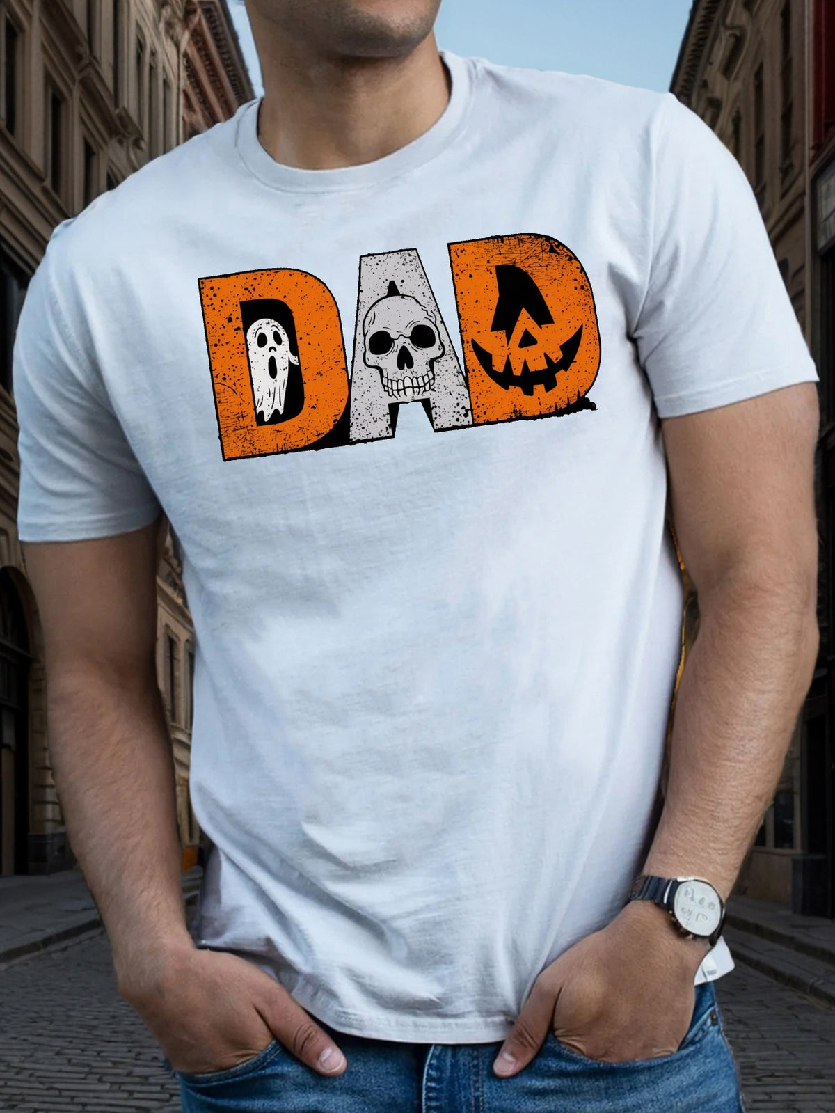 Halloween Dad T-Shirt Spooky Ghost Skull Pumpkin Funny Father Halloween Short Sleeve Tee