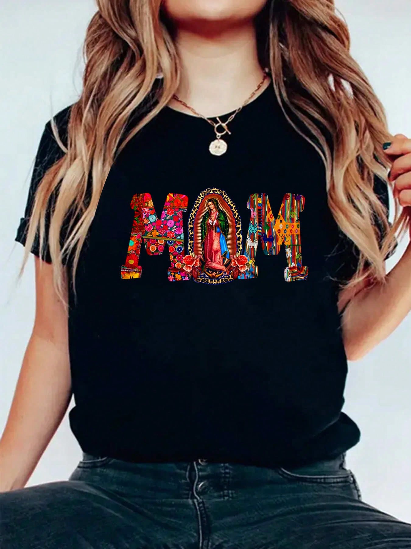 Our Lady Of Guadalupe Graphic Crew Neck Tee Catholic Virgin Mary Mexican Mom Top