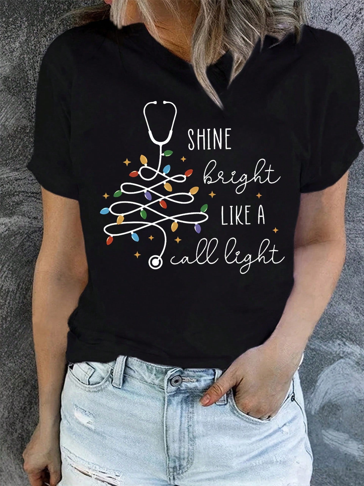 Shine Like Light Graphic Crew Neck Tee Stethoscope Nurse Christmas Short Sleeve Top