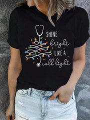 Shine Like Light Graphic Crew Neck Tee Stethoscope Nurse Christmas Short Sleeve Top