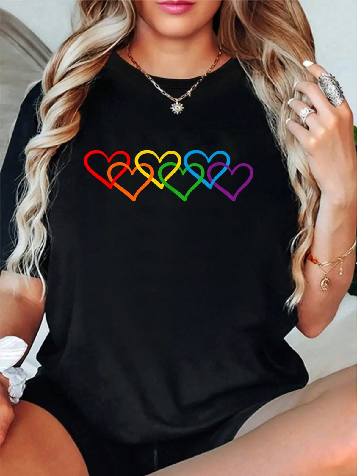 Rainbow Pride Heart Print Cotton Short Sleeve Tee Unisex Crew Neck LGBTQIA Top