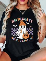 Unisex Trick Or Treat Graphic Tee, No Diggity Bout To Bag It Up Cute Ghost Beanie Pumpkin Candy Retro Halloween Short Sleeve T-Shirt