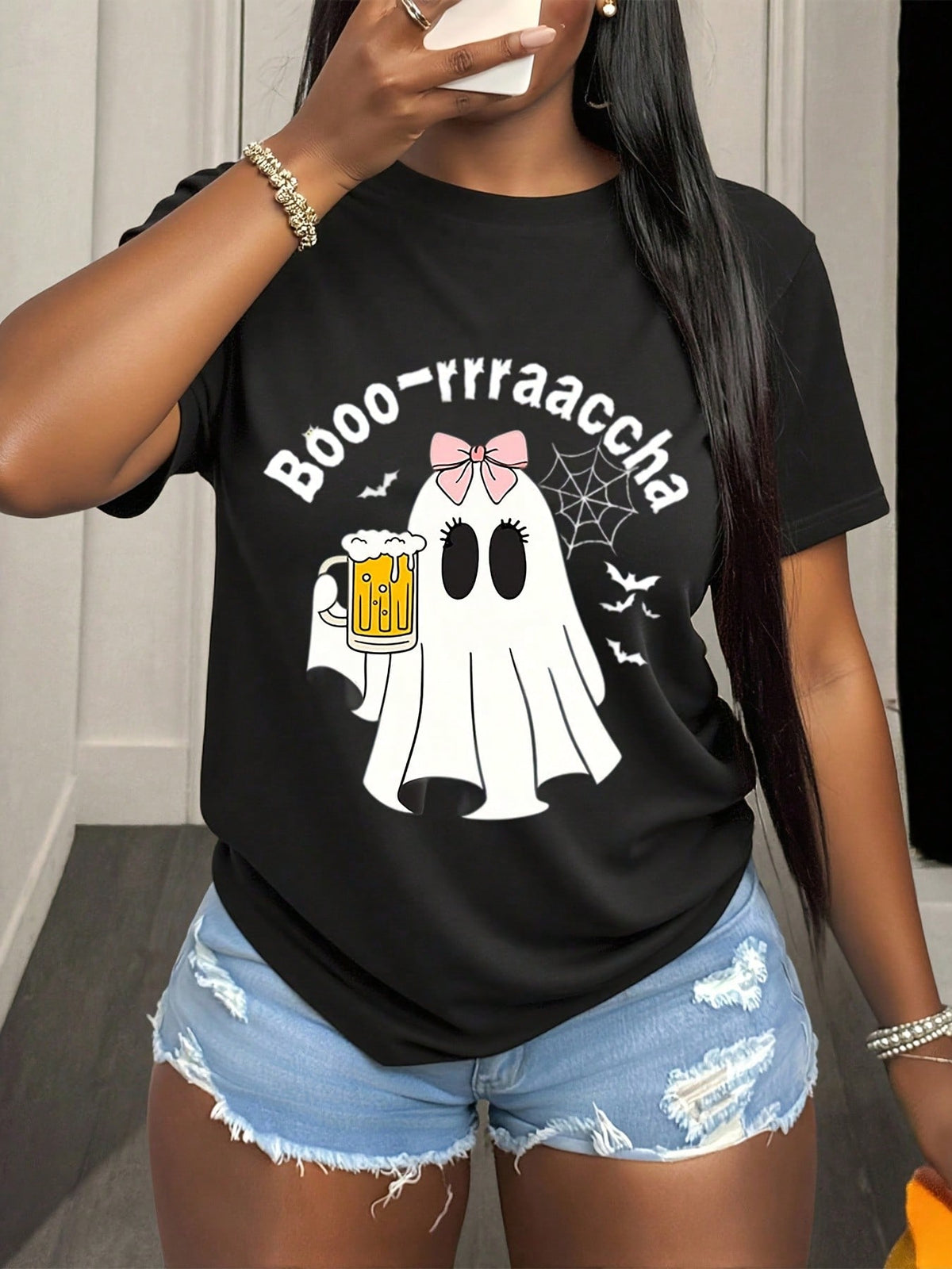 Women's Funny Halloween Ghost Shirt Booo-rrraaccha Cute Ghost with Beer Bow Halloween Party Graphic Tee