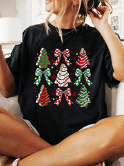 100% Cotton Coquette Bow Cake Trees Merry Christmas Xmas Holiday T-Shirt Print T-Shirt Casual Crew Neck Short Sleeve Comfort Tee