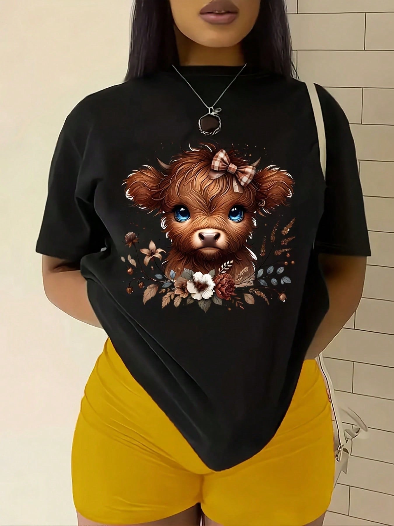 Unisex Western Country Graphic Tee, Cute Baby Highland Cow Plaid Bow Fall Wildflowers Floral Short Sleeve T-Shirt