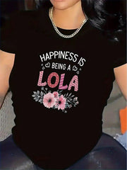 Happiness Is Being A Lola Graphic Crew Neck Tee Black Floral Short Sleeve Top