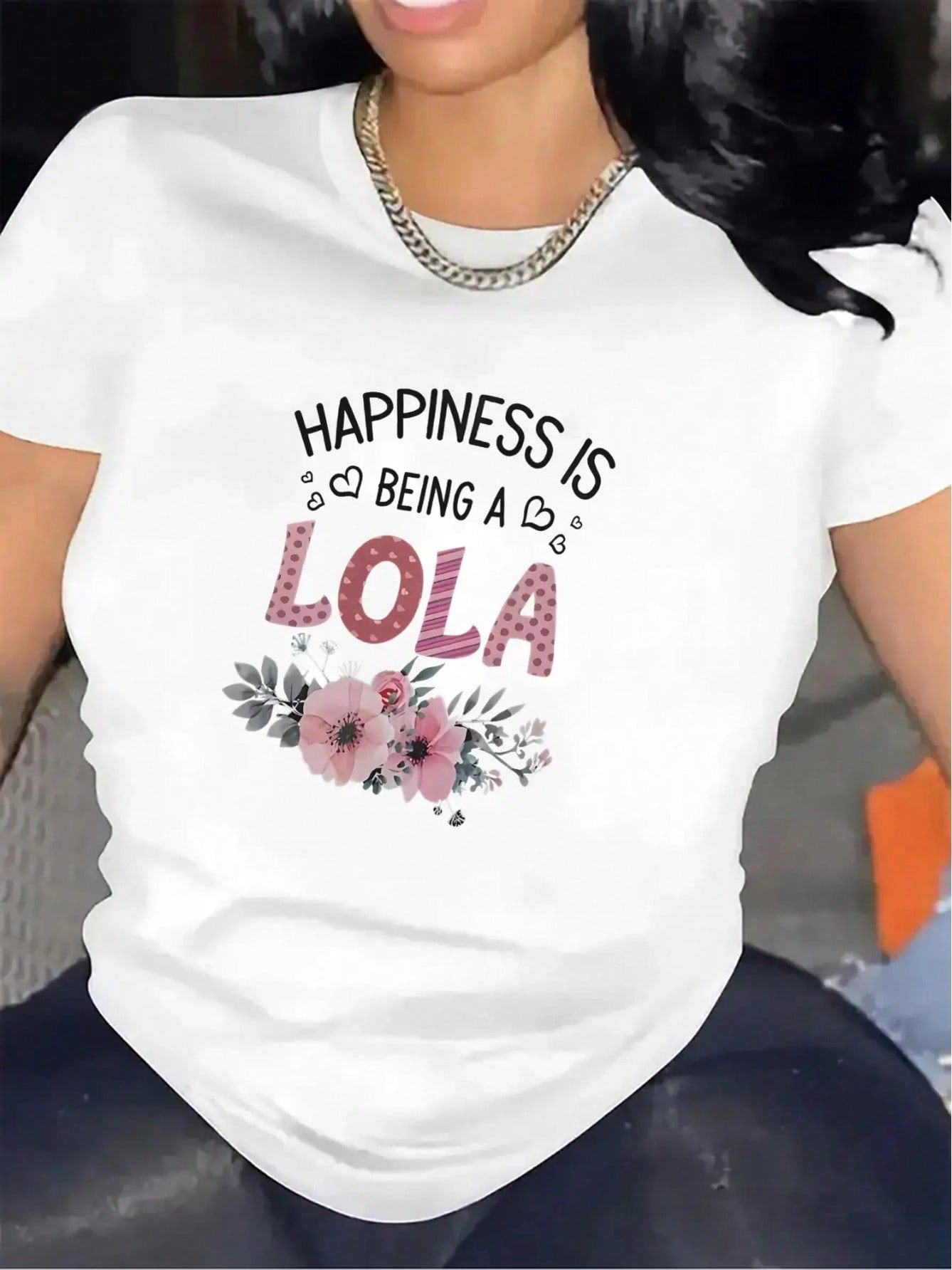 Happiness Is Being A Lola Graphic Crew Neck Tee Black Floral Short Sleeve Top