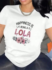 Happiness Is Being A Lola Graphic Crew Neck Tee Black Floral Short Sleeve Top