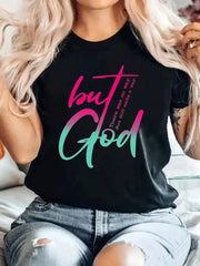 But God Graphic Crew Neck Tee Scripture Spring Summer Casual Short Sleeve Top