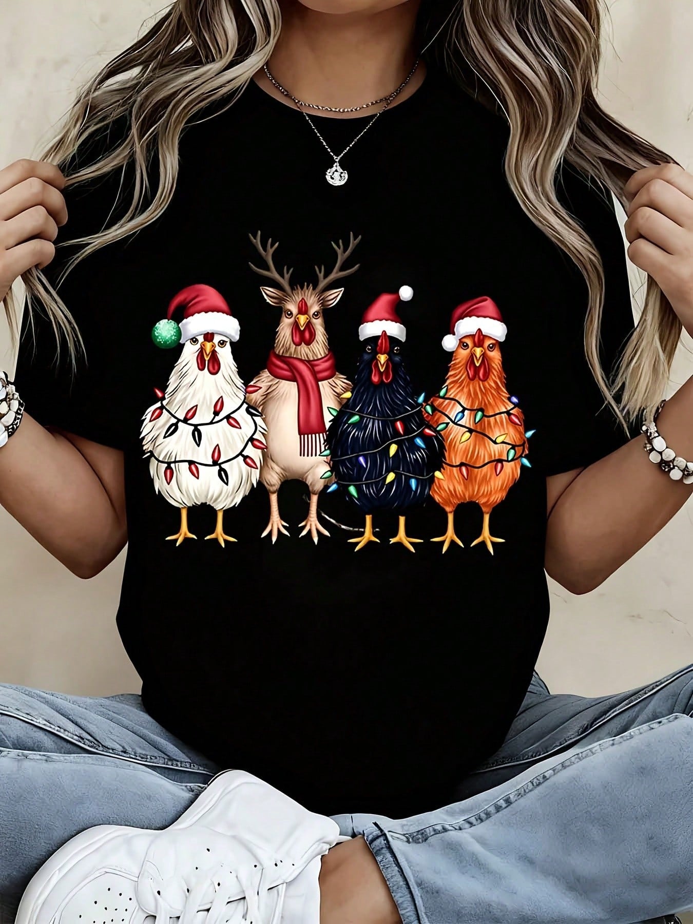 Christmas Chickens And Reindeer Holiday T-Shirt Funny Festive Chicken Family Christmas Lights Santa Hat