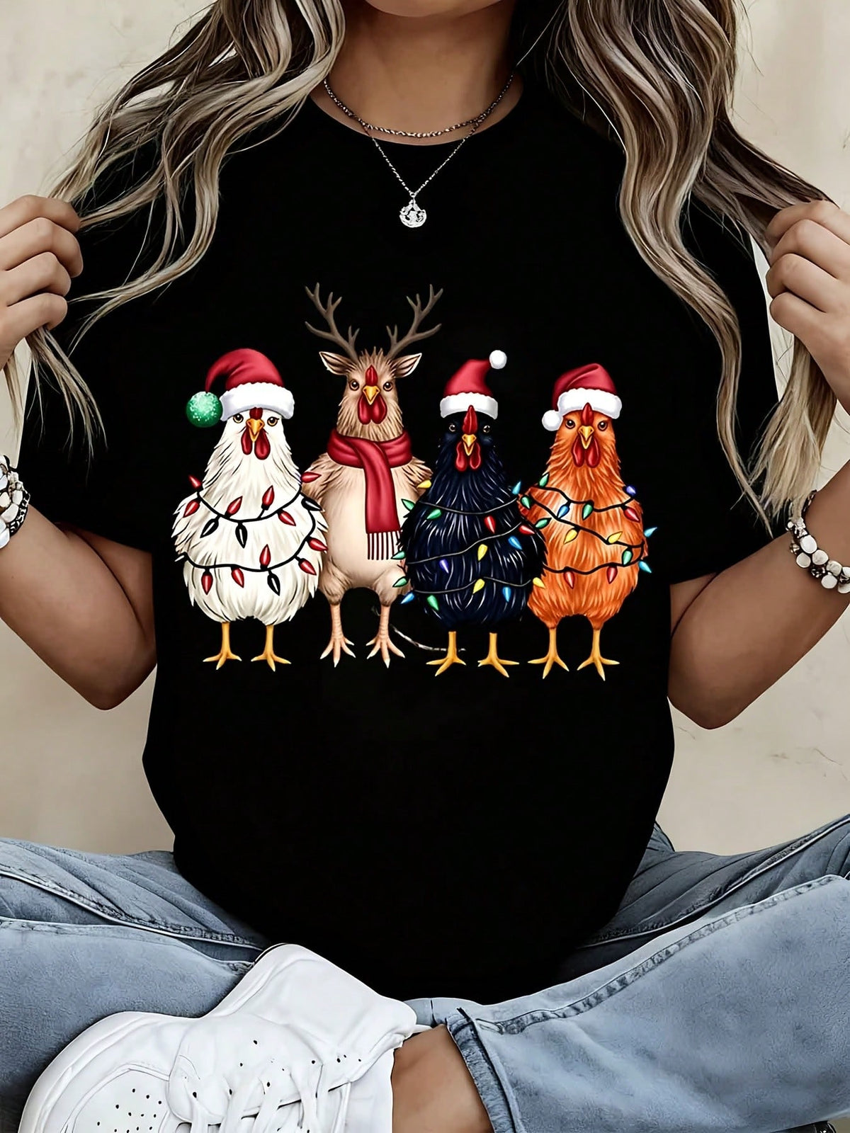 Christmas Chickens And Reindeer Holiday T-Shirt Funny Festive Chicken Family Christmas Lights Santa Hat