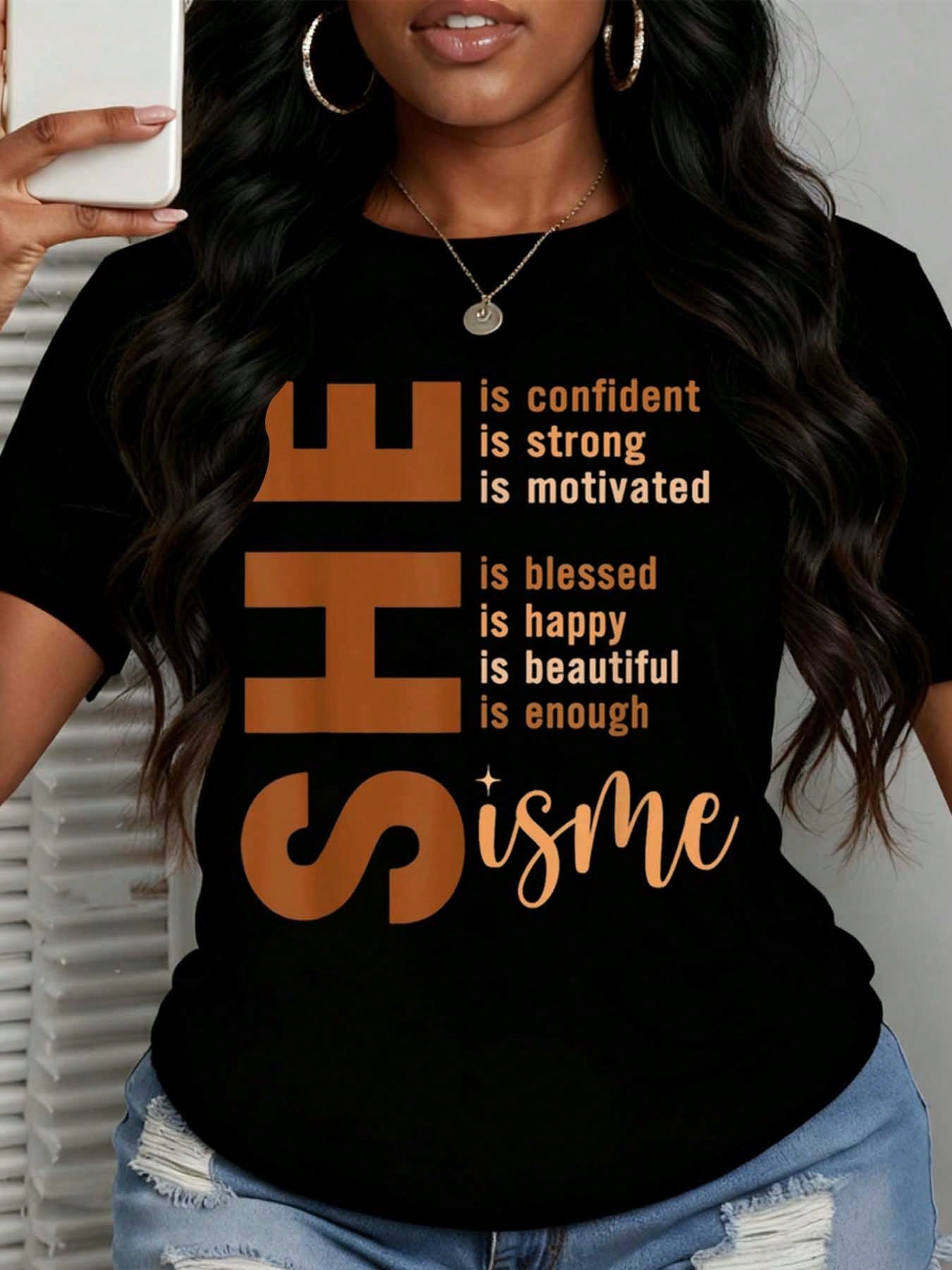Women She Is Confident Strong Motivated Happy Beautiful Enough Is Me Graphic Print T Shirt
