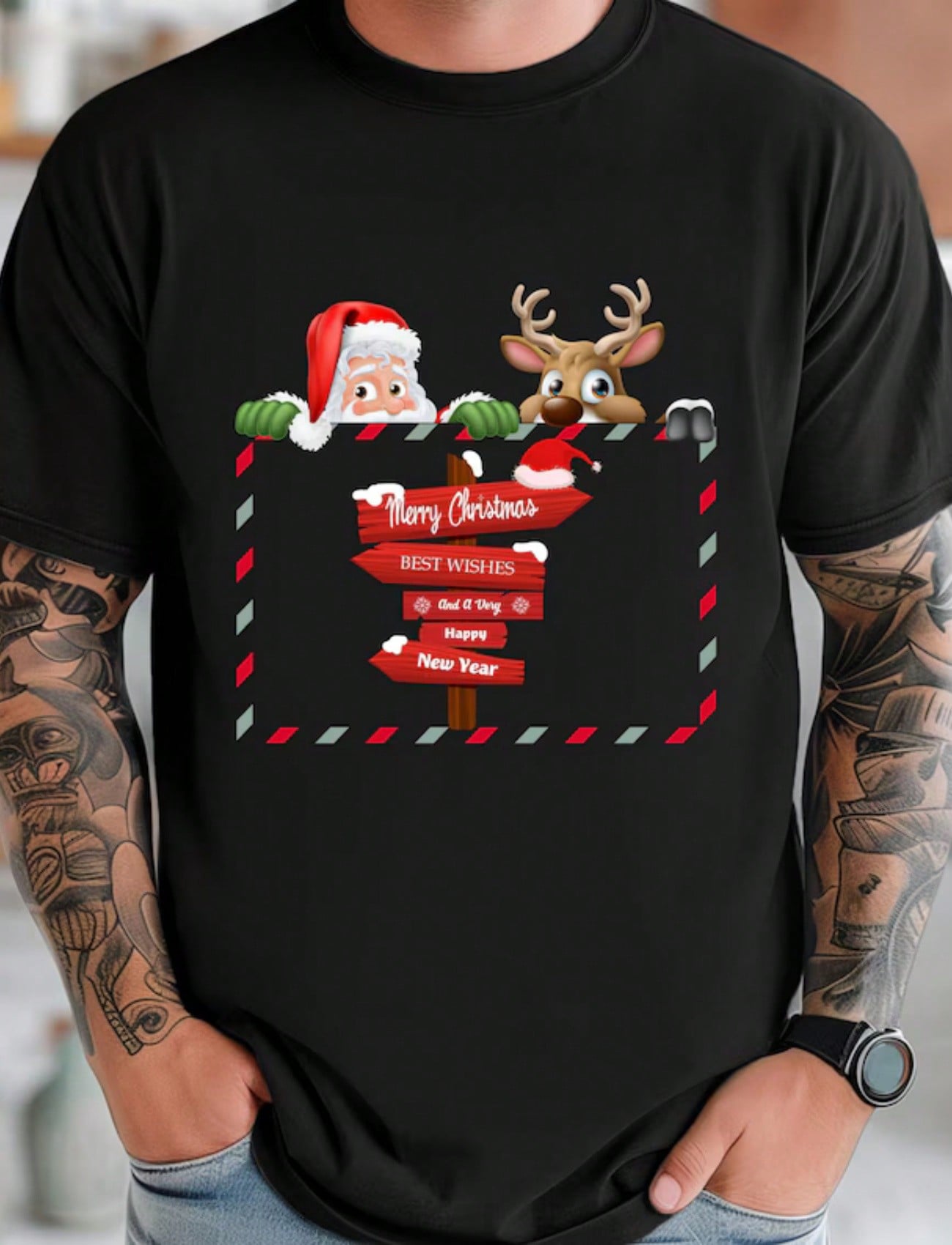 Santa Reindeer Print Short Sleeve Tee Cozy Holiday Festive Comfort Crew Neck Top