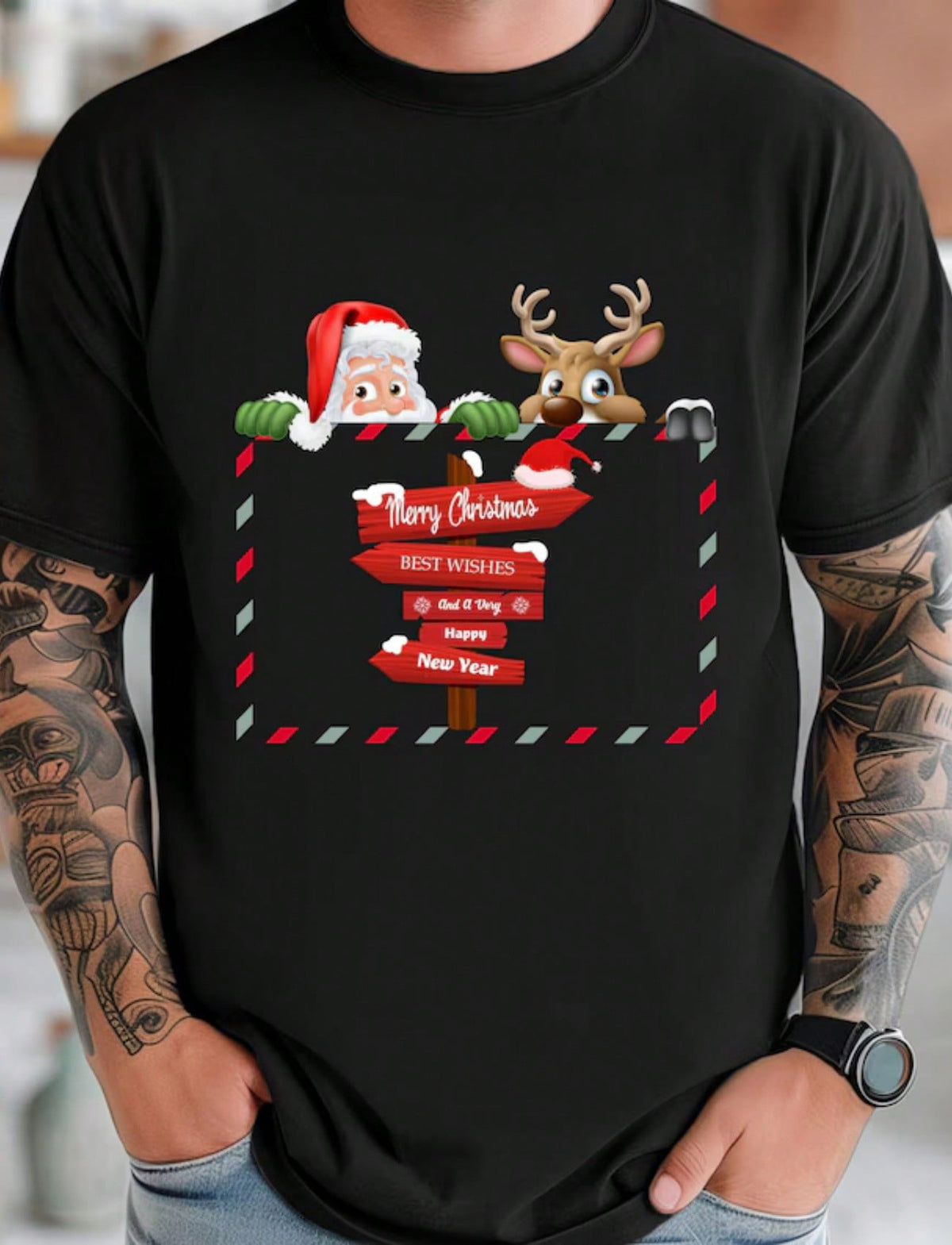 Santa Reindeer Print Short Sleeve Tee Cozy Holiday Festive Comfort Crew Neck Top