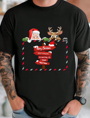 Santa Reindeer Print Short Sleeve Tee Cozy Holiday Festive Comfort Crew Neck Top