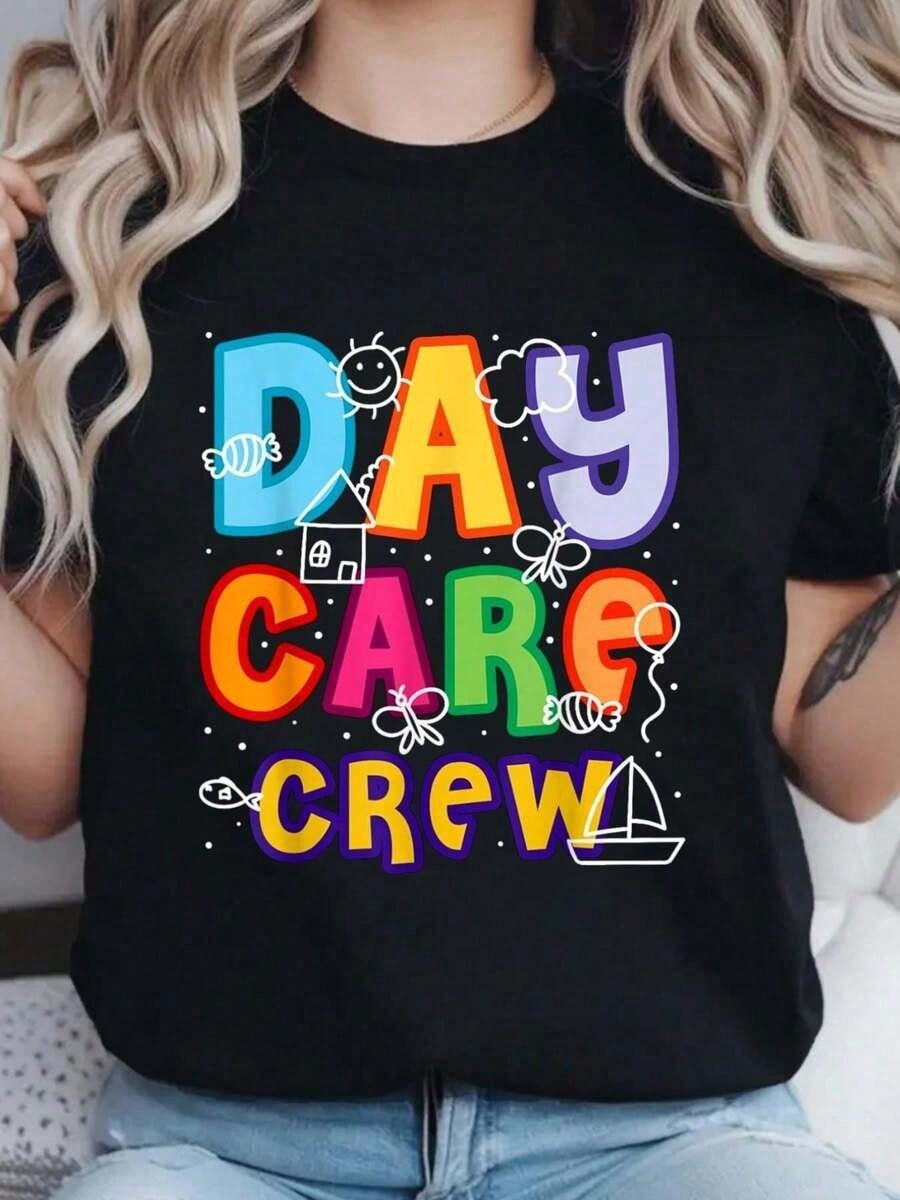 Daycare Crew Graphic Crew Neck Tee Childcare Provider Y2K Cotton Short Sleeve Top