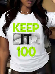 Keep It 100 White Graffiti Bold Text Print Short Sleeve Tee Crew Neck Top