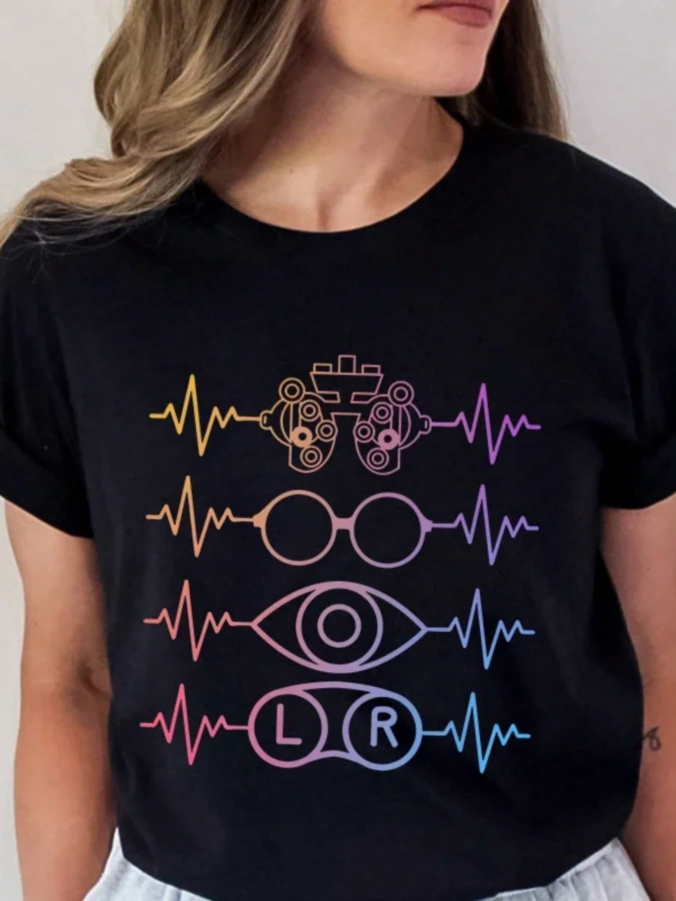 Optician Eye Love Optical Print Short Sleeve Tee Fashion Pattern Crew Neck Top