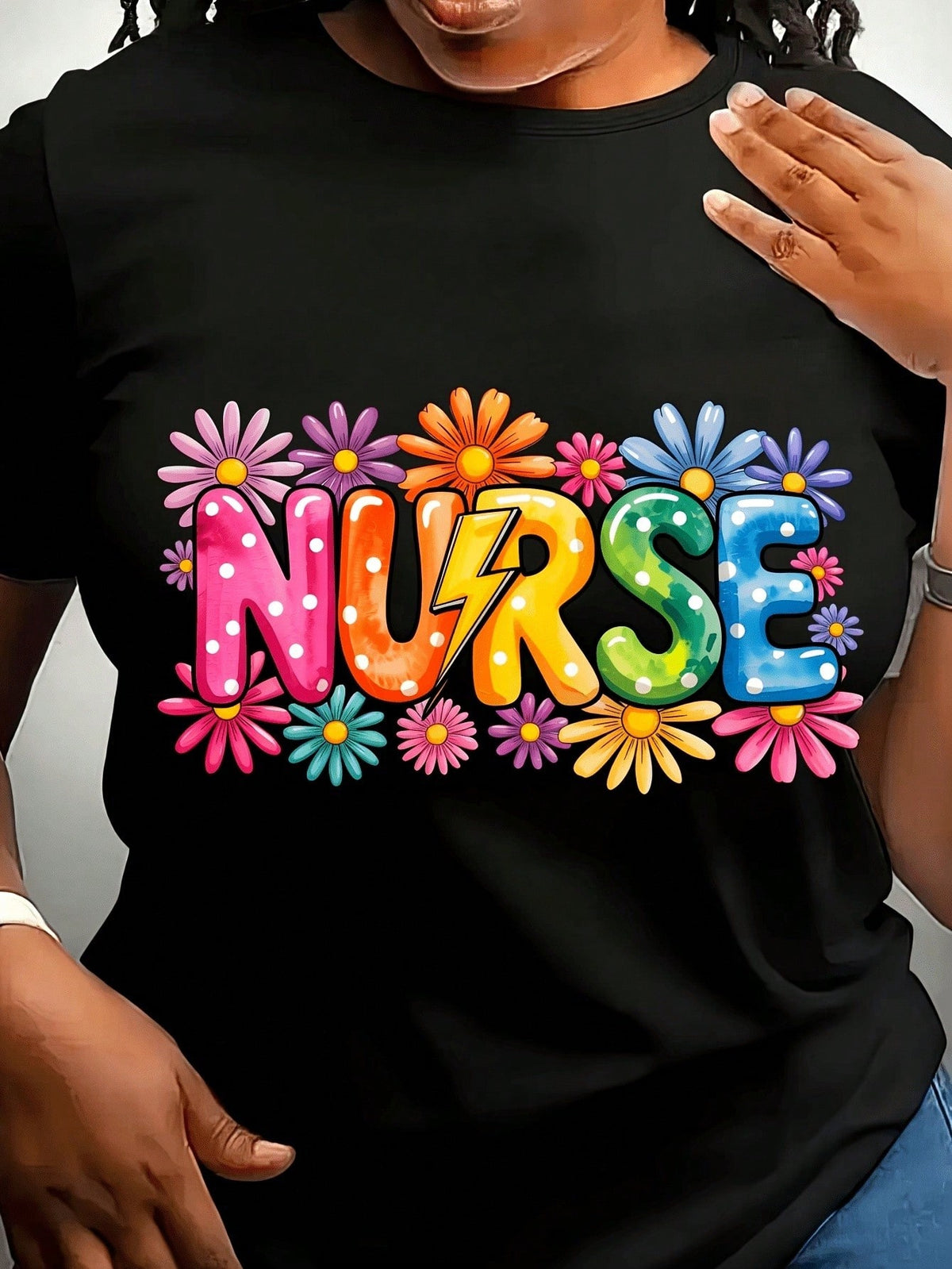 Floral Nurse Graphic Crew Neck Tee Multicolor Flower Soft Stretch Short Sleeve
