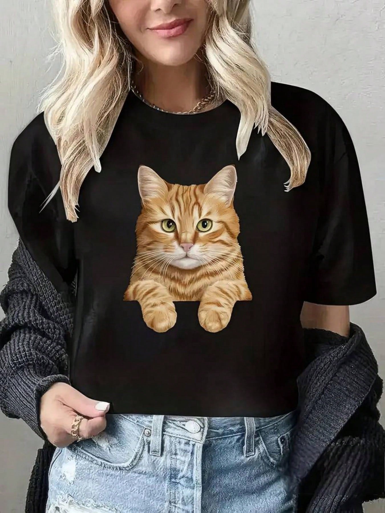 Kitten Tabby Cat Graphic Crew Neck Tee Soft Breathable Year Round Short Sleeve
