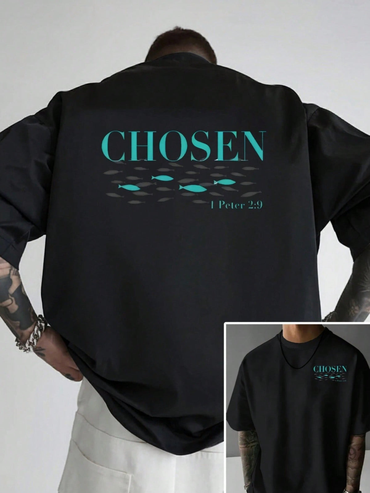 Chosen Fish Bible Verse Design Men's Printed Cotton T-Shirt, Y2K Style American Anime Design, Casual Short Sleeve Crew Neck, Soft And Breathable