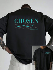 Chosen Fish Bible Verse Design Men's Printed Cotton T-Shirt, Y2K Style American Anime Design, Casual Short Sleeve Crew Neck, Soft And Breathable
