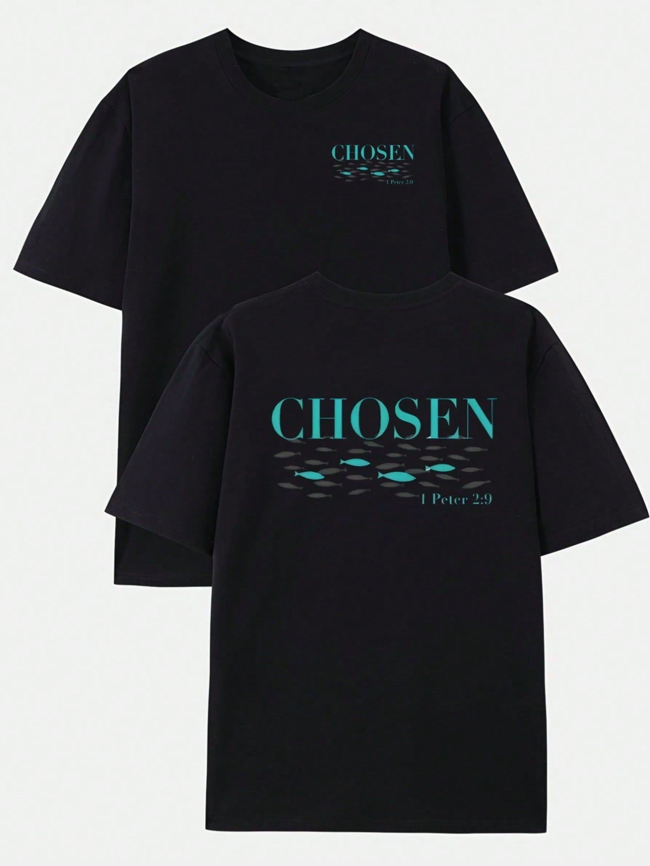 Chosen Fish Bible Verse Design Men's Printed Cotton T-Shirt, Y2K Style American Anime Design, Casual Short Sleeve Crew Neck, Soft And Breathable