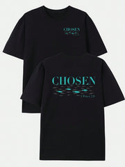 Chosen Fish Bible Verse Design Men's Printed Cotton T-Shirt, Y2K Style American Anime Design, Casual Short Sleeve Crew Neck, Soft And Breathable