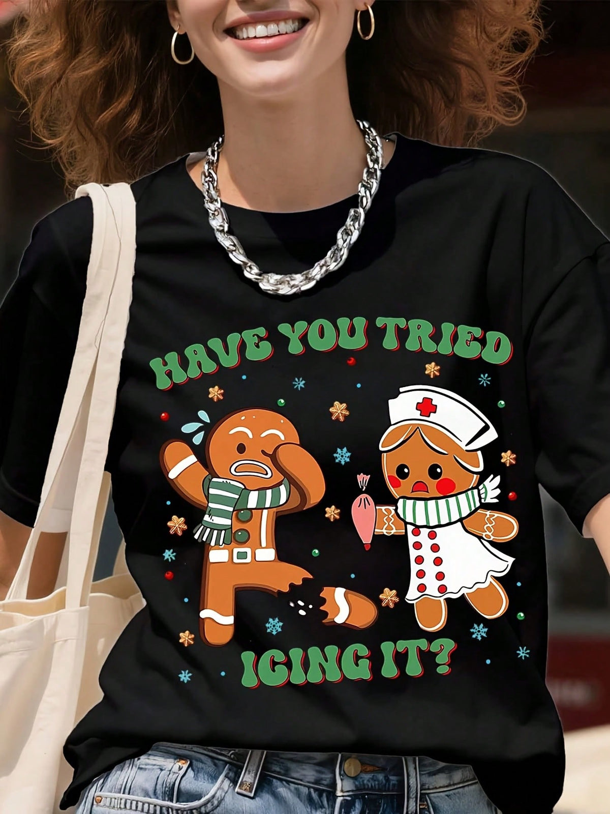 Women's Christmas Nurse T-Shirt, Funny Gingerbread “Have You Tried Icing It?” Graphic, Holiday Tee