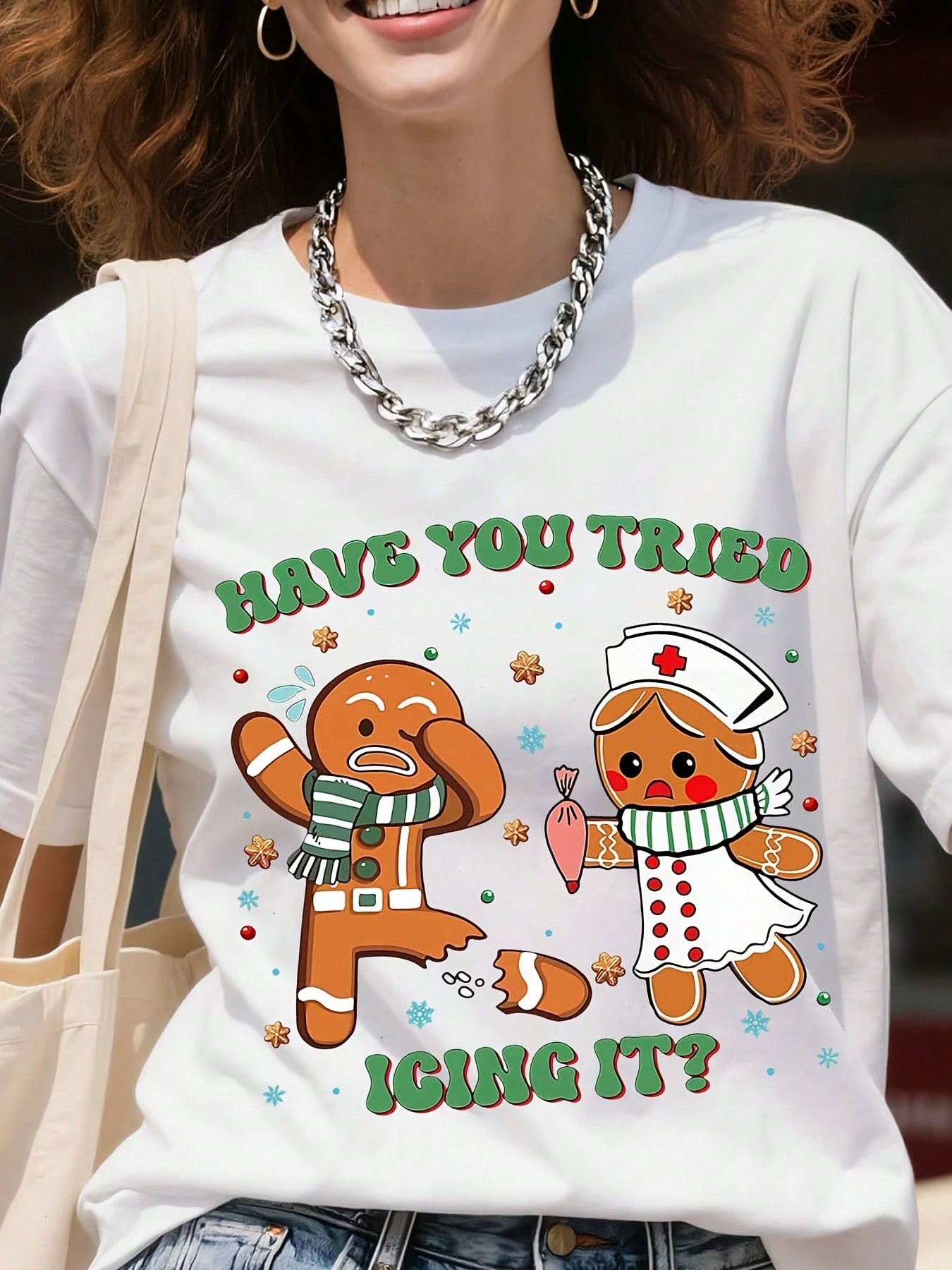 Women's Christmas Nurse T-Shirt, Funny Gingerbread “Have You Tried Icing It?” Graphic, Holiday Tee
