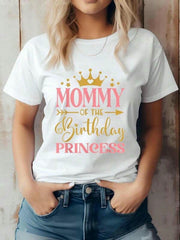 Mommy Of The Birthday Princess Gold Crown Pink Text White Short Sleeve Tee Top