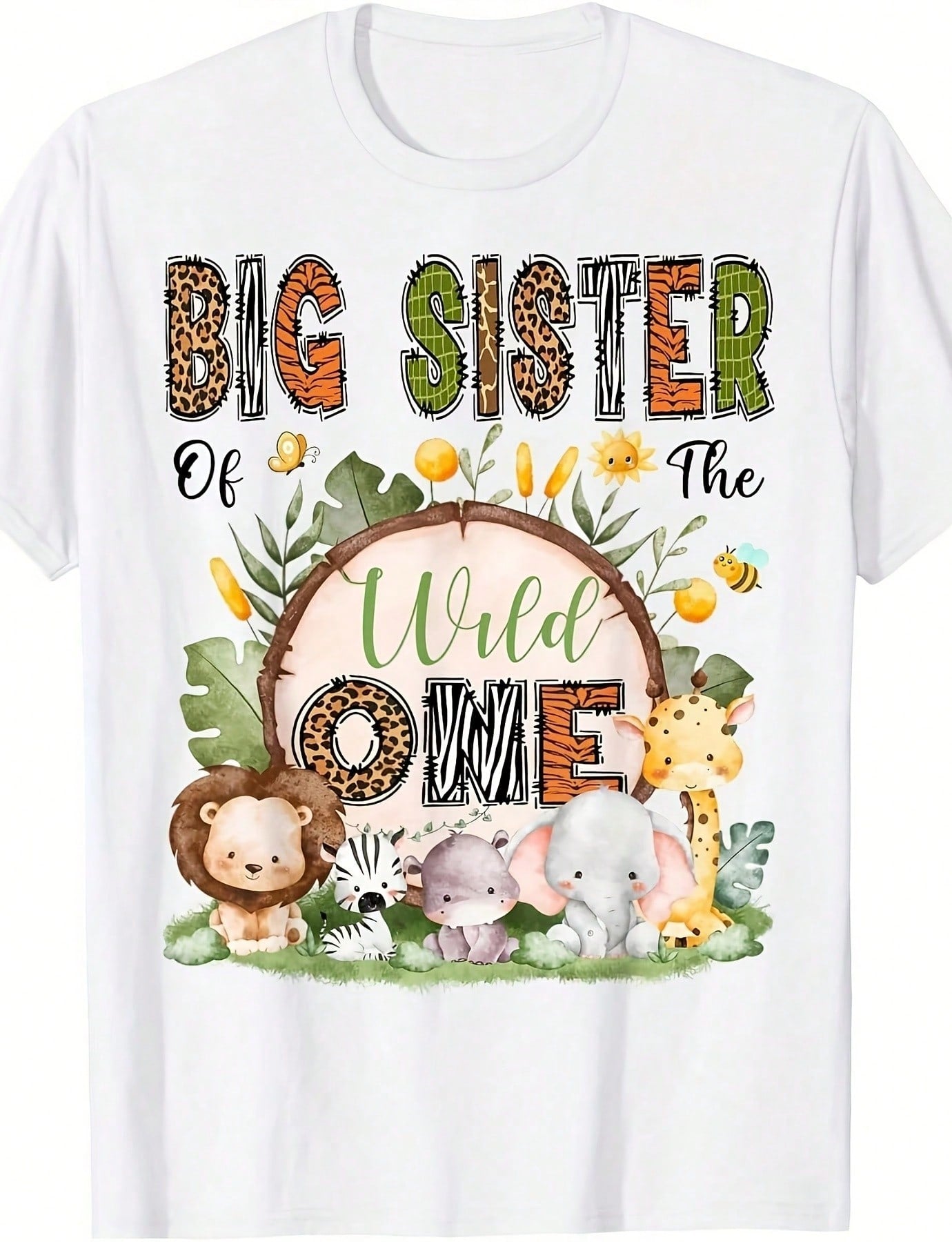 Big Sister Of The Wild One Jungle 1st Birthday Print Short Sleeve Tee Crew Neck Top