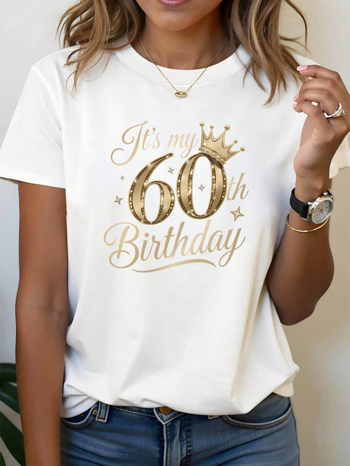 60th Birthday Golden Crown Number 60 Print Short Sleeve Tee Crew Neck Top