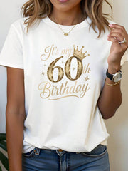 60th Birthday Golden Crown Number 60 Print Short Sleeve Tee Crew Neck Top