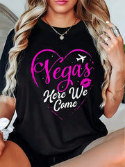 Vegas Lips Print Black Cotton Short Sleeve Tee Crew Neck Casual Top