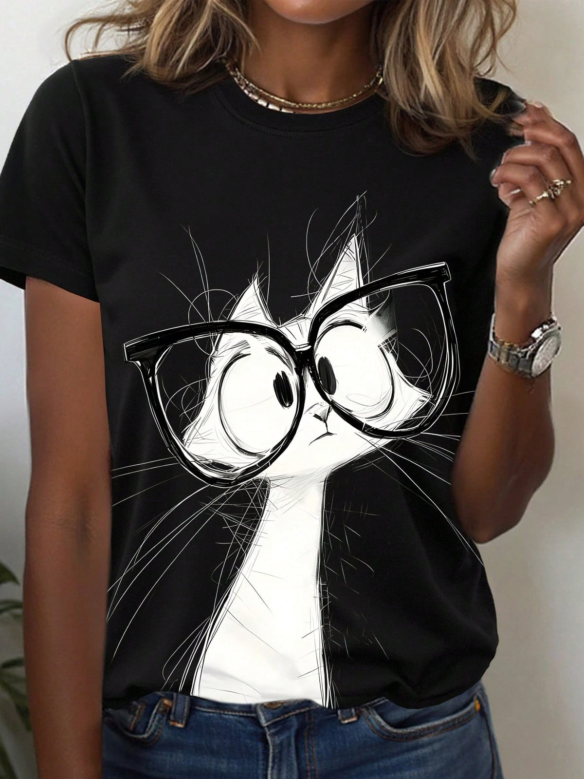 EMERY ROSE Cat Graphic Round Neck Tee Casual Versatile Short Sleeve Top
