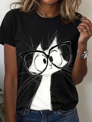 EMERY ROSE Cat Graphic Round Neck Tee Casual Versatile Short Sleeve Top