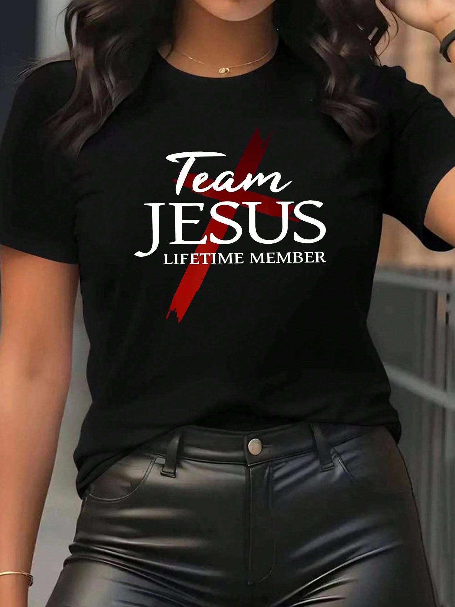 Plus Size Women's TEAM JESUS Printed Short-Sleeve Round-Neck T-Shirt