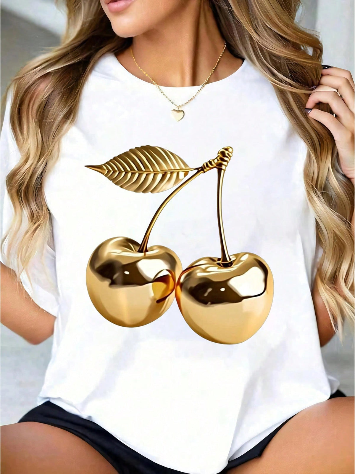 Golden Cherry Print White Cotton Short Sleeve Tee Crew Neck Casual Top