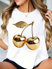 Golden Cherry Print White Cotton Short Sleeve Tee Crew Neck Casual Top