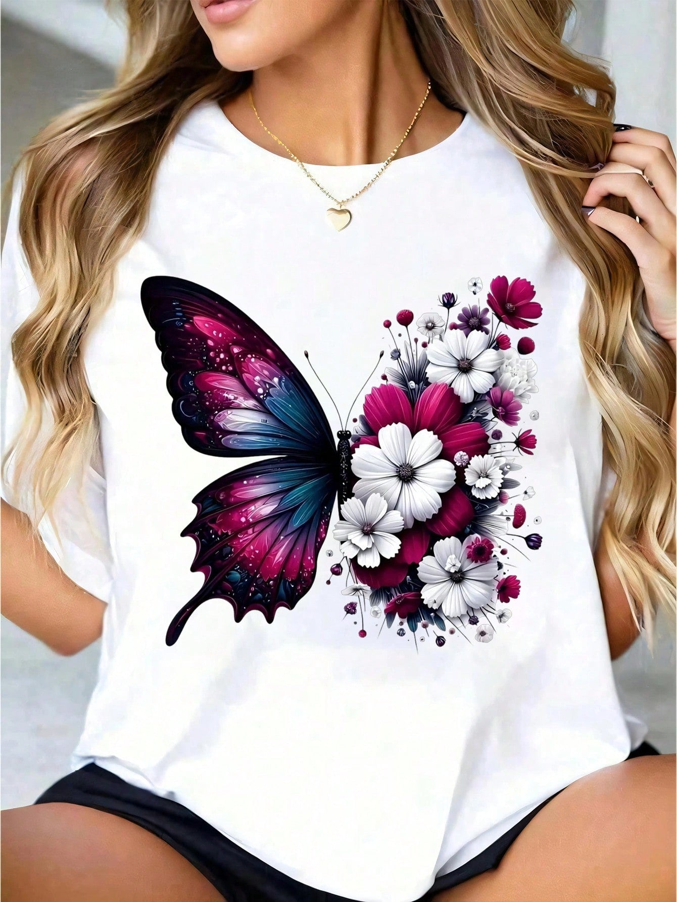 Butterfly Floral Print White Cotton Short Sleeve Tee Crew Neck Casual Top